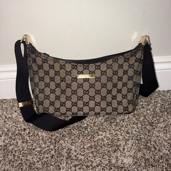 Gucci Handbags - Gucci Beige GG Canvas Shoulder Bag with Black Strap and Gold Hardware